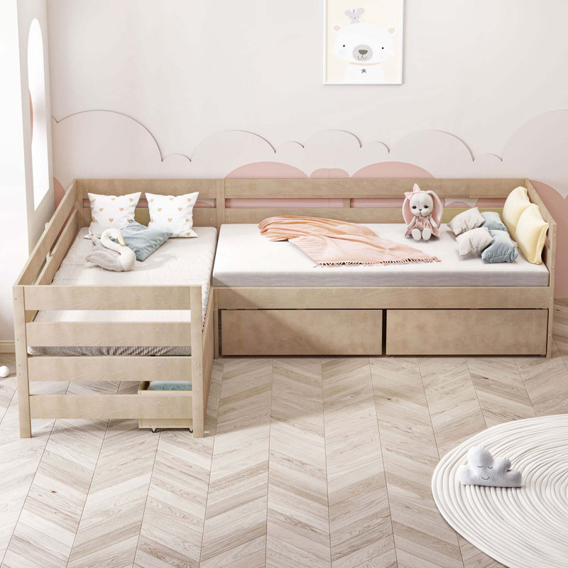 Lit plateforme en L avec trois tiroirs de rangement, Naturel
