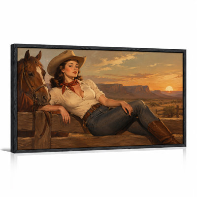 Cowgirl Leaning on Fence with Horse at Sunset Canvas Wall Art