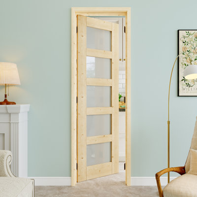 Porte pré-suspendue intérieure en bois de pin et verre givré 24 po x 80 po 5-Lite avec charnières noires, dalle de porte d'intimité en verre, à peindre et imperméable, combinaison pour la lessive, portes de placard, portes de chambre, main gauche