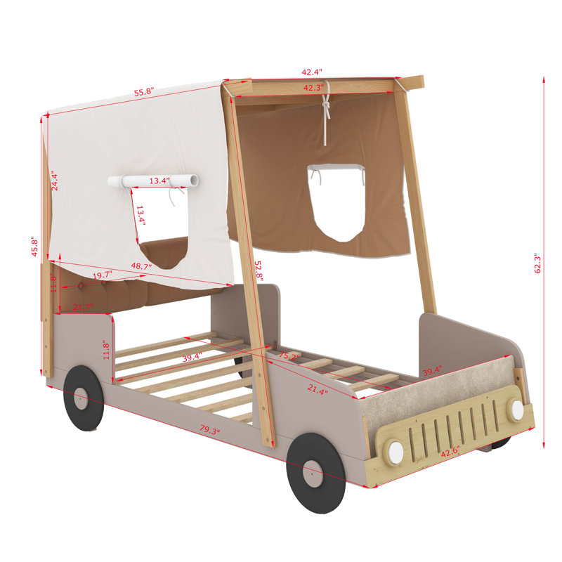 Wood Car Bed with Pillow, Ceiling Cloth, Twin