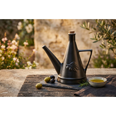 Matte Black Olive Oil Dispenser Bottle with Cork Stopper, 355ml Vintage Farmhouse Cruet for Kitchen Countertop, Ceramic Cooking Oil Can Pourer