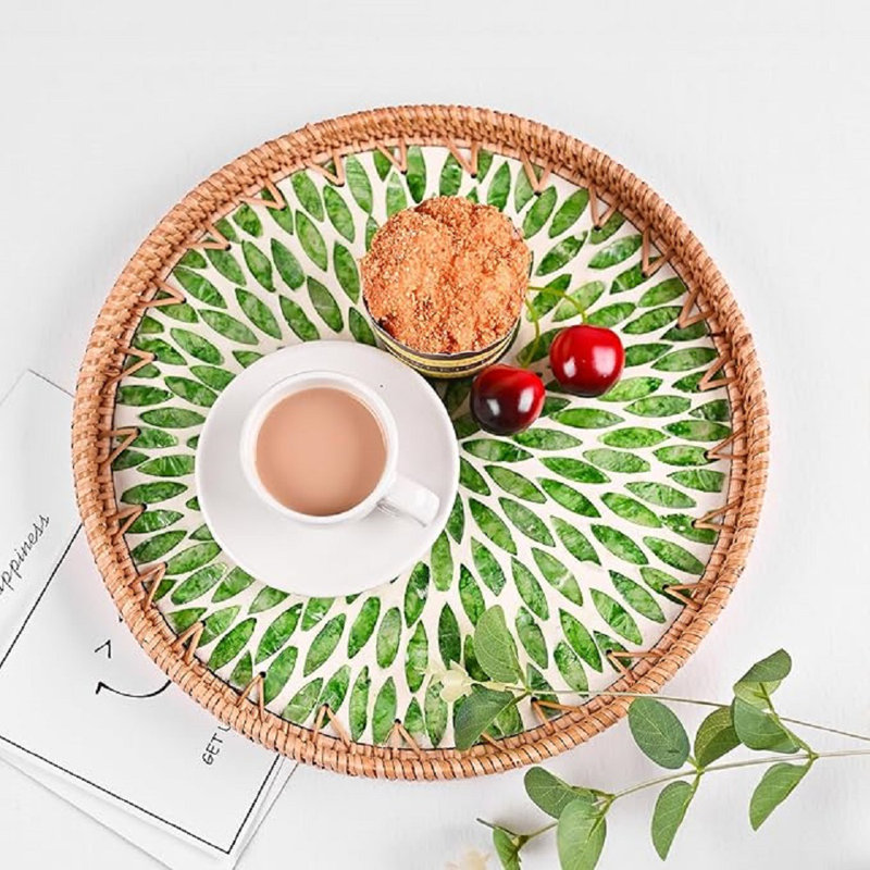 Round Rattan Tray With Mother Of Pearl Inlay Rattan Coffee Table Tray Round Rattan Ottoman Tray For Home And Kitchen Decorative Woven Serving Trays Boho Coffee Table Tray For Décor Leaves