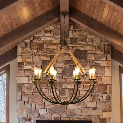 Modern Chandelier For Dining Room, 8-light Wood Grain Finish Farmhouse Chandelier, 38” Rustic Hanging Light Kitchen Island, Round Metal Hanging Light Fixture For Living Room Foyer Entryway