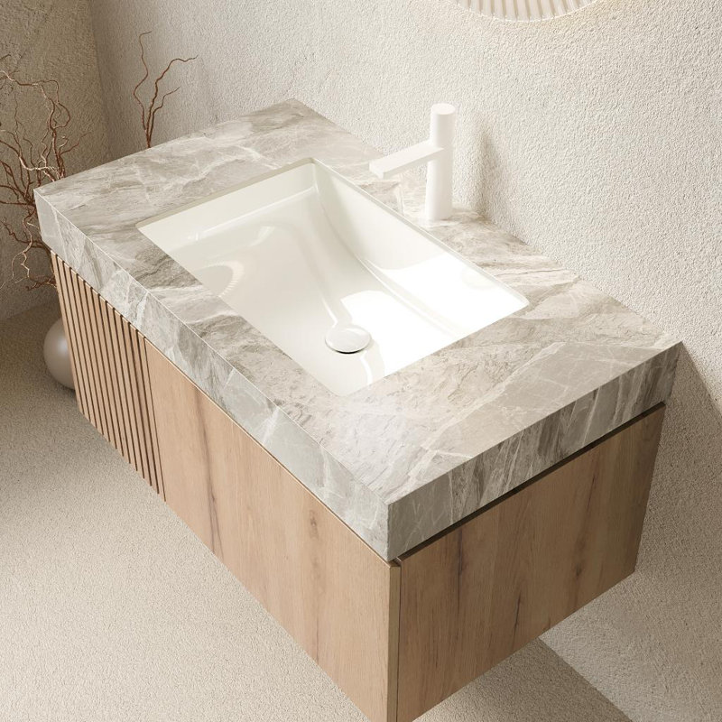 Luxstone Modern Luxury Vanity with Sintered Stone Countertop and Ceramic Basin, White Oak