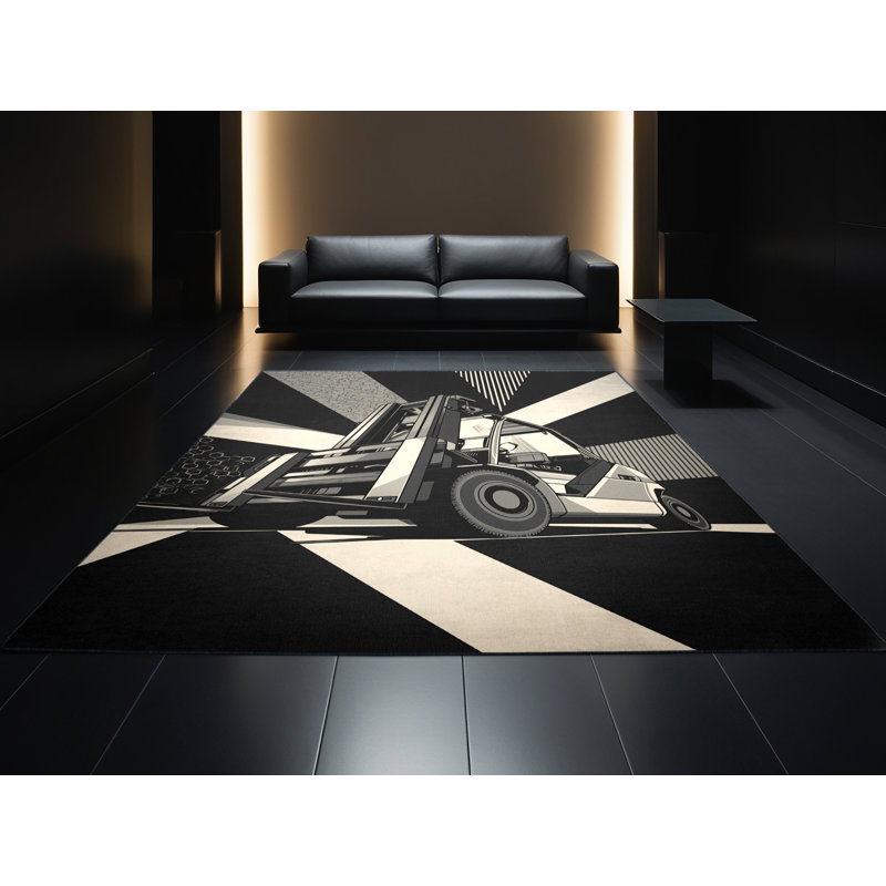 Machine Washable Kendari Forklift Vehicle Modern Geometric Rug in Gray – Black Binding, 3x5