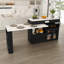 Îlot de cuisine avec table extensible et rotative, panneau de fibres à densité moyenne avec placage de marbre au design rétro, 4 tiroirs et armoires à portes en verre avec prise intégrée, poste de salle à manger extensible pour 2 à 4 personnes-129238676