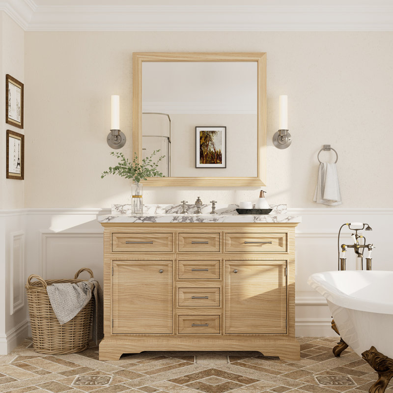 Amara Tempered Glass Mounted Wall Mirror, 36" x 36", Light Yellow Wood