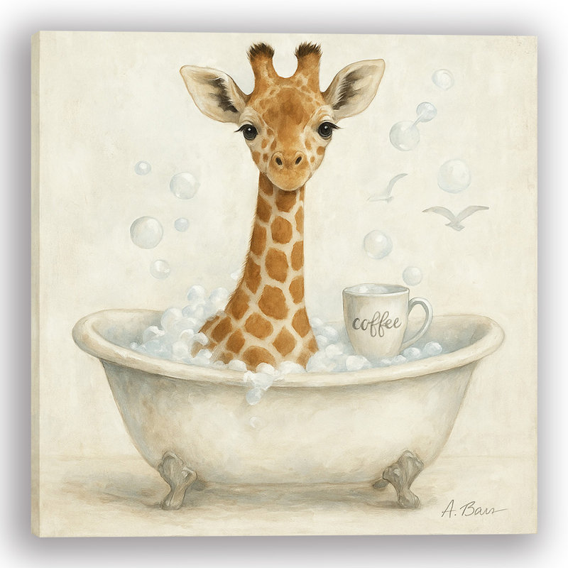 Bathtime Brew – Giraffe in Tub Canvas Bathroom Wall Art