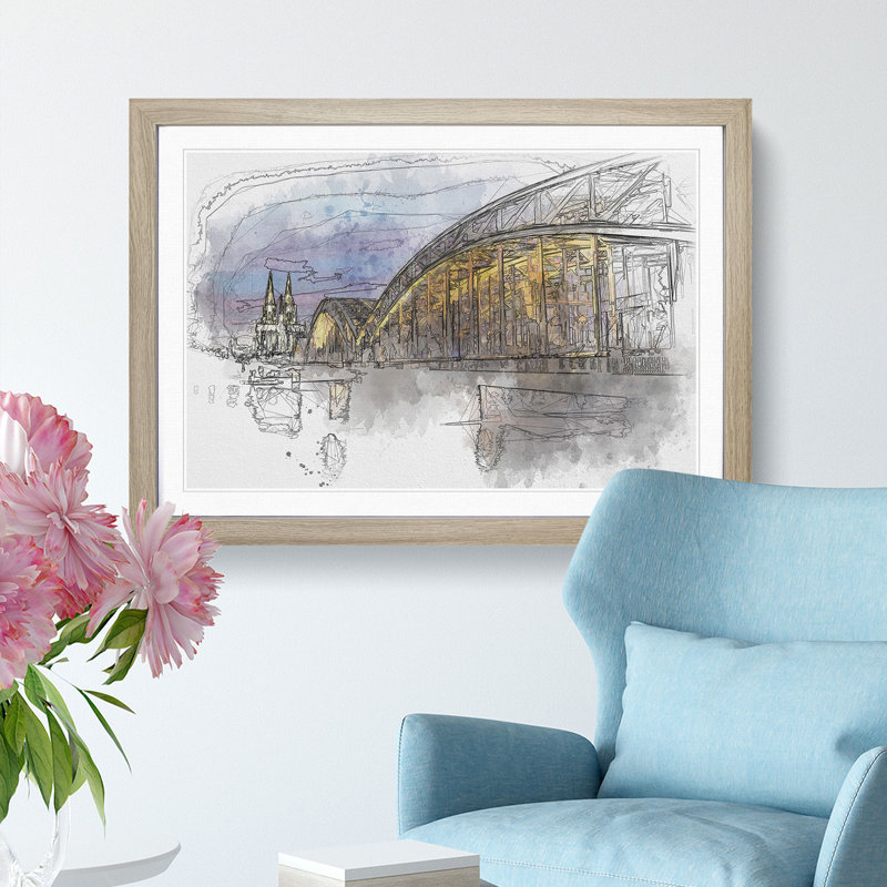 Cologne Cathedral & the Hohenzollern Bridge - Picture Frame Graphic Art Print, Oak Framed, 62cm H x 87cm W x 2cm D