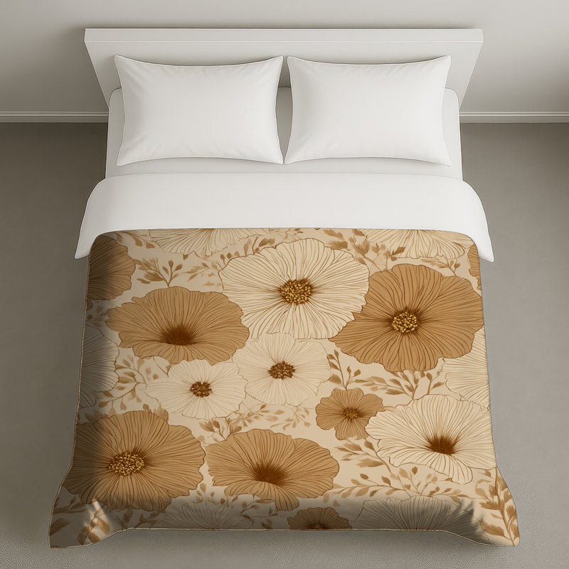 Housse de couette à motif floral, Housse de couette pour lit simple, Beige / brun floral