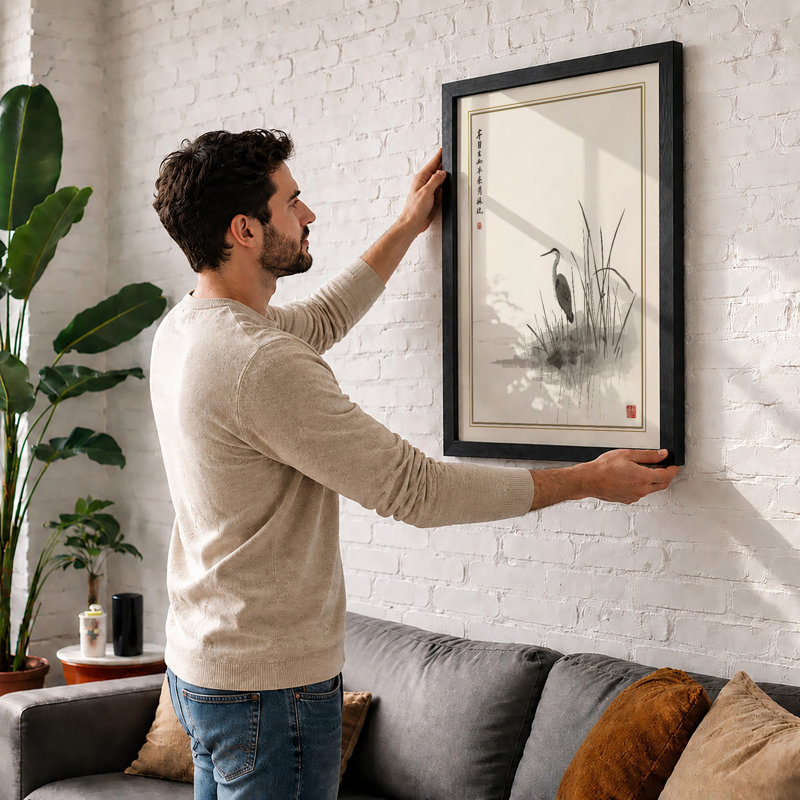 Contemplative Heron Japandi - Framed Print, A1 - 84.1 x 59.4 cm, White