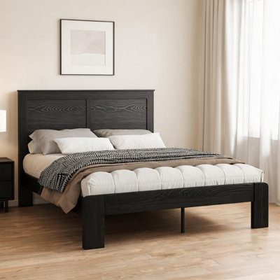 King Size Wood Platform Bed Frame, Noise-Free Metal & Wooden Slat Bed, No Box Spring Needed, Under Bed Storage Space, Antique Black