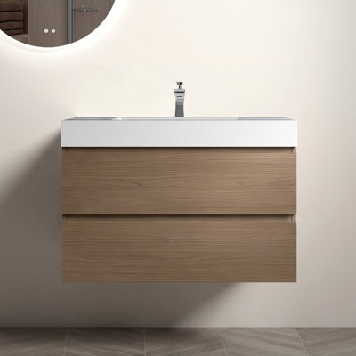 Meuble-lavabo mural de 36 po avec lavabo, grand meuble-lavabo flottant mural pour salle de bain moderne, lavabo blanc une pièce sans bonde ni robinet, pré-assemblé