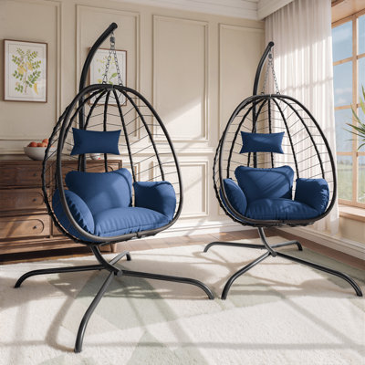 Hanging Egg Chair With Stand, PE Rattan Wicker Swing, Waterproof Cushions (Set of 2)