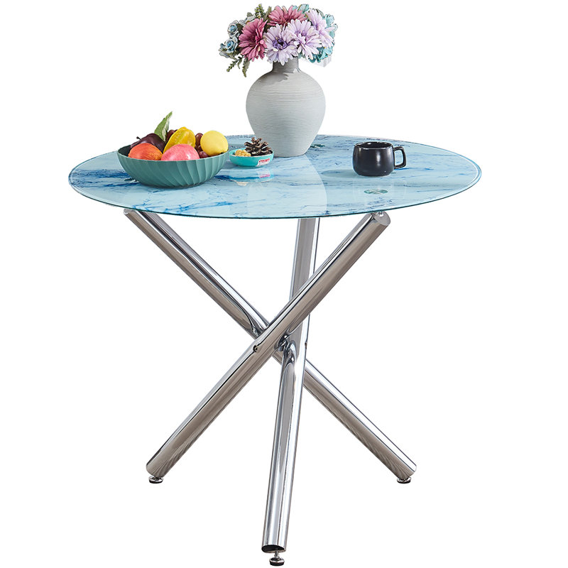 Hafeezah Round Glass Top Metal Base Dining Table