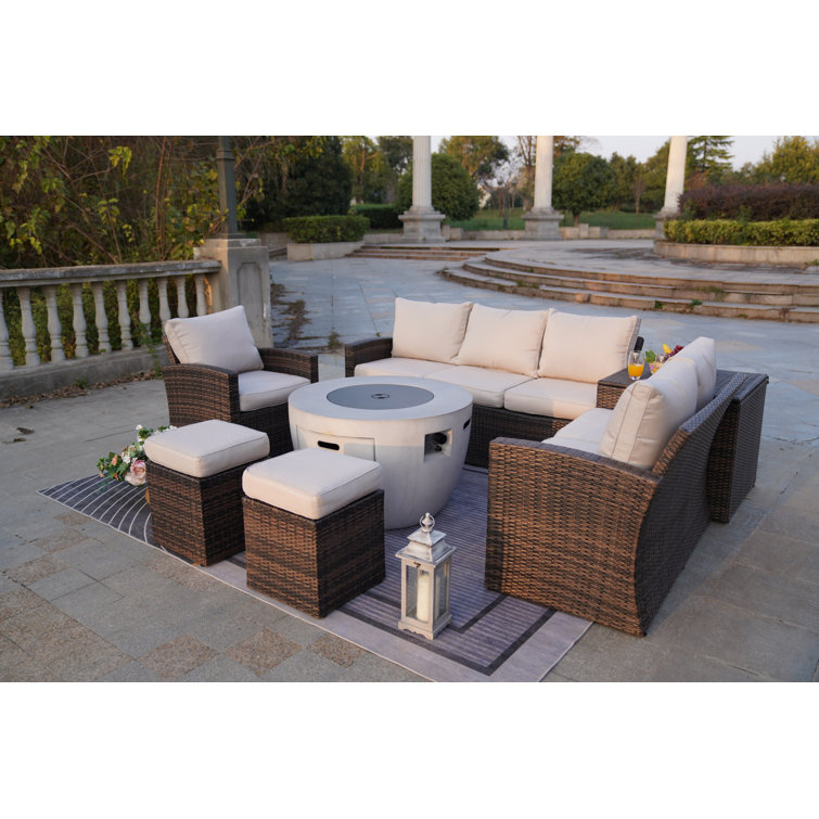 Small Firepit With 1403B Wicker 8 - Person Patio Conversation Sets with Cushions