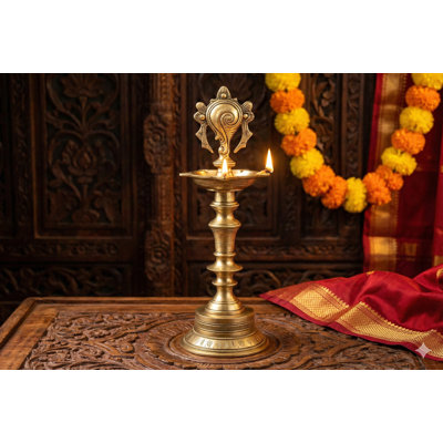 Lampe conque en laiton faite à la main de 12 pouces - Panchajanya Shankha Diya, décor rituel de pureté Divine pour Puja, salle de méditation ou cadeau