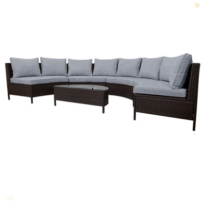 5 Pieces All-Weather Brown PE Rattan Wicker Sofa Set Outdoor Patio Sectional Furniture Set Half-Moon Sofa Set With Tempered Glass Table -  Latitude Run®, 55AD806B83934B229D1A785779ABD7EB