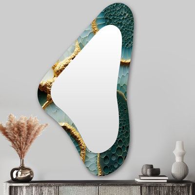 Gold And White Flowers On Blue Stone I - Irregular Stone Geode Traditional Unique Wall Mirror