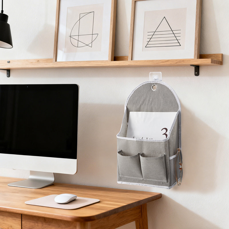 4 sacs de rangement muraux avec revêtement imperméable, base en PVC, double poches avant et filet latéral, organisateur en lin de coton