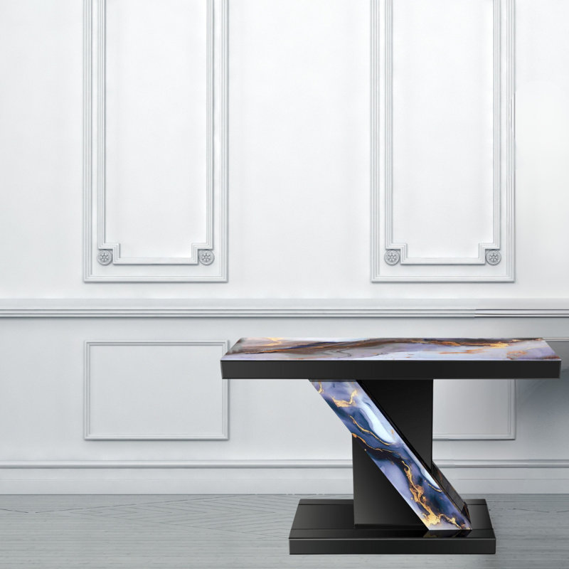 Mirrored Console Table 48" in Black With Marble Print Glass