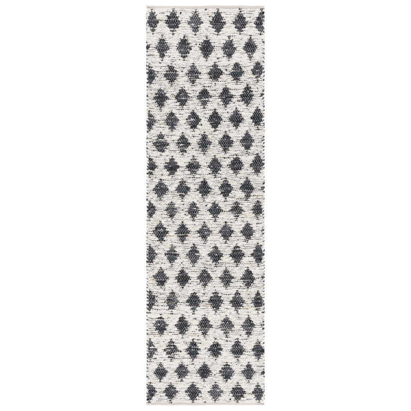 Jeananne Flat Weave Wool/Leather Geometric Rug in Black/Beige, Runner 2'3" x 8'