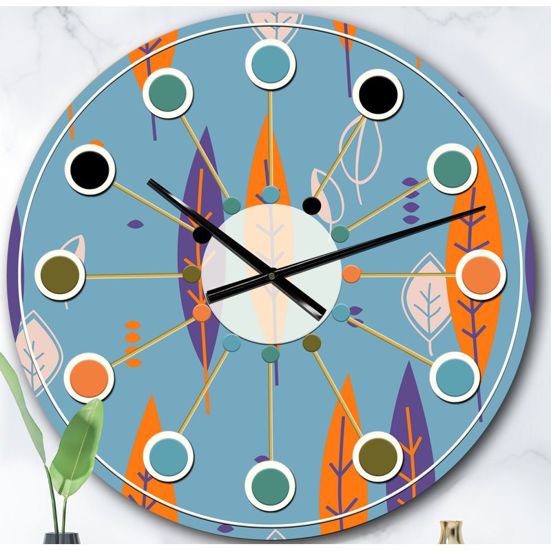 Horloge murale florale rétro motif botanique II - Mid-Century moderne, Surdimensionné