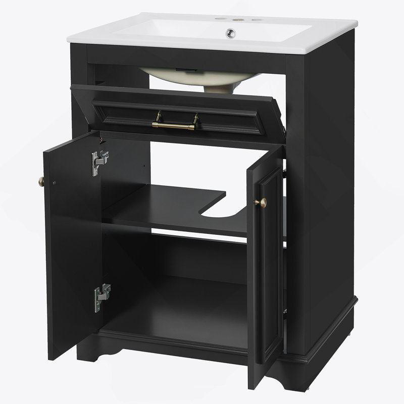 Meuble-lavabo de 24 pouces avec lavabo en céramique intégré, portes à fermeture en douceur et tiroir coulissant pour les toilettes modernes et compactes.