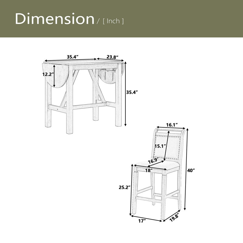 Ensemble de table de salle à manger à hauteur de comptoir en bois 3 pièces avec 2 chaises rembourrées, Beige, Brun