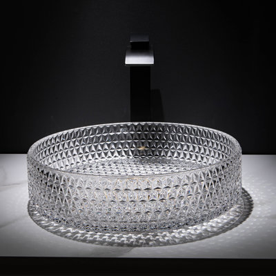 Homary Bathroom Vessel Sink Round Vessel Sink 15.35" x 4.33" Diamond Shaped Crystal Glass