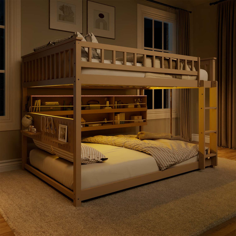 Lit superposé double au-dessus de double avec tablettes intégrées, lumières à changement de couleur et panneau perforé personnalisable, beige