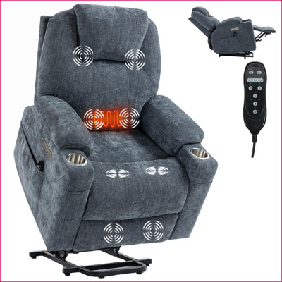 Recliners Power Lift Chair - 350 LBS Capacity, 8-Point Massage &amp; Heat, USB/Type-C, Stainless Steel Cup Holders, Navy Blue Chenille | Navy Blue | Metal Accents
