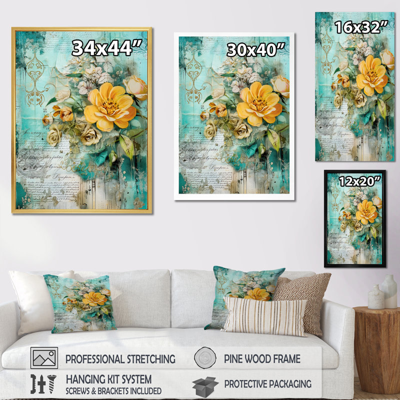 «Blossoming Yellow Rose On», art rétro, Cadre photo blanc, H 32 po x l 16 po x P 1 po