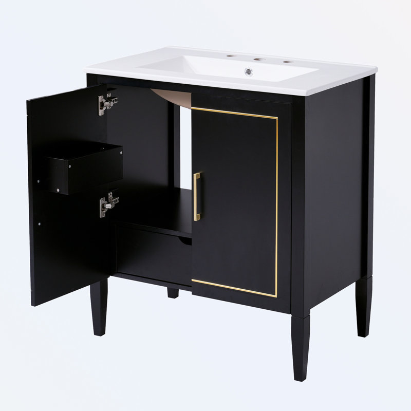 Bathroom vanity with ceramic basin, built-in hidden drawer