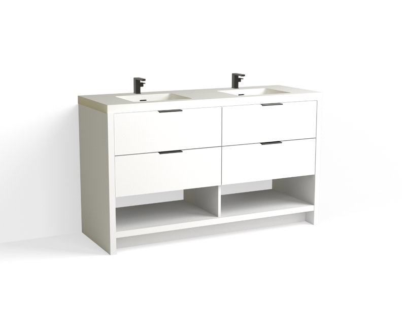 Vue 60" W Freestanding Double Bathroom Vanity, Glossy White/Single, White Nanomatte, Matte Black