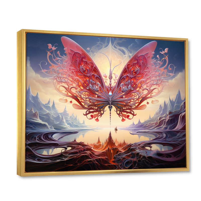 Papillon rose majestueux et futuriste, H 12 po x l 20 po x P 1 po, Cadre flottant doré
