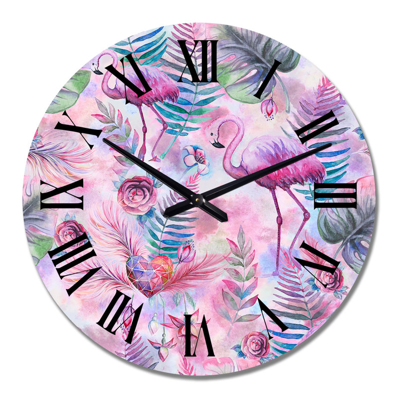 Flamants roses avec feuilles de palmier - Horloge murale à motifs, Moyen
