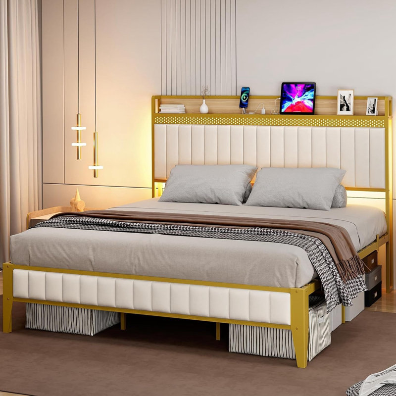 Cadre de lit rembourré avec lumières DEL RVB, Très grand lit