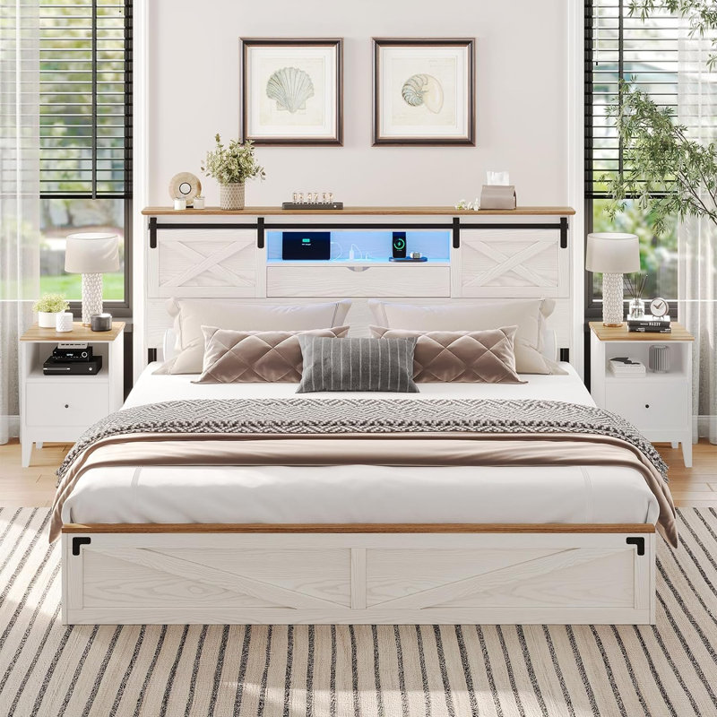 Farmhouse Bed Frame With Led Lights And Charging Station, Wooden Platform Bed With 2 Storage Drawers, Rustic Accent Headboard With Sliding Barn Door Storage Cabinets, White
