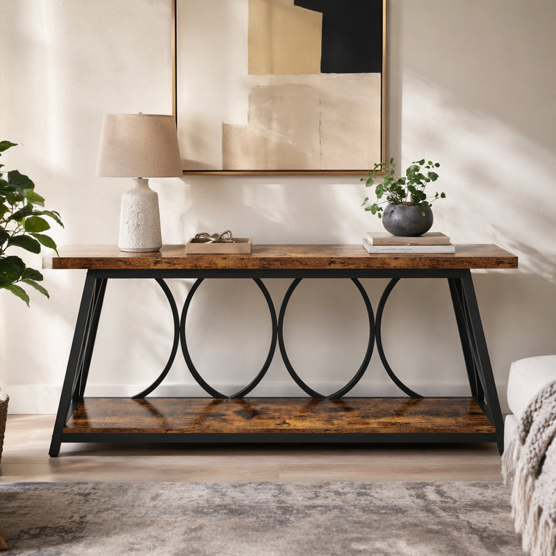 Console industrielle extra longue 70,9 po, canapé-lit étroit derrière le canapé avec tablettes de rangement à 2 niveaux, table d'appoint pour l'entrée et le couloir pour le salon, brun rustique avec structure en métal noir