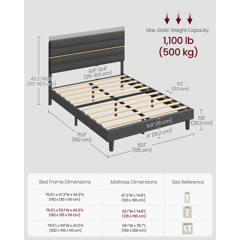 Upholstered Bed Frame with Adjustable Headboard, Grey