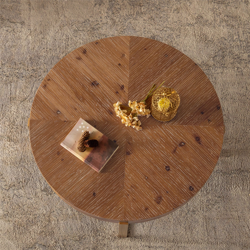 Charmante table basse ronde avec un design distinctif en bois et pieds dorés pour le salon, parfaite pour les intérieurs modernes et classiques.