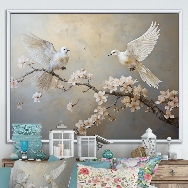 «White and Grey Birds Floral Serenity I», art mural oiseau, Cadre flottant blanc, H 34 po x l 44 po x P 1,5 po