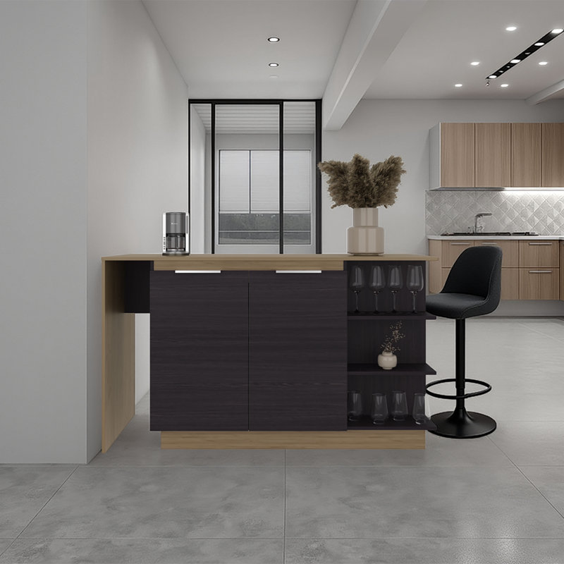 Table de comptoir de cuisine et de bar moderne Lumina avec armoire de rangement à 2 portes, 3 tablettes ouvertes latérales et table de préparation spacieuse