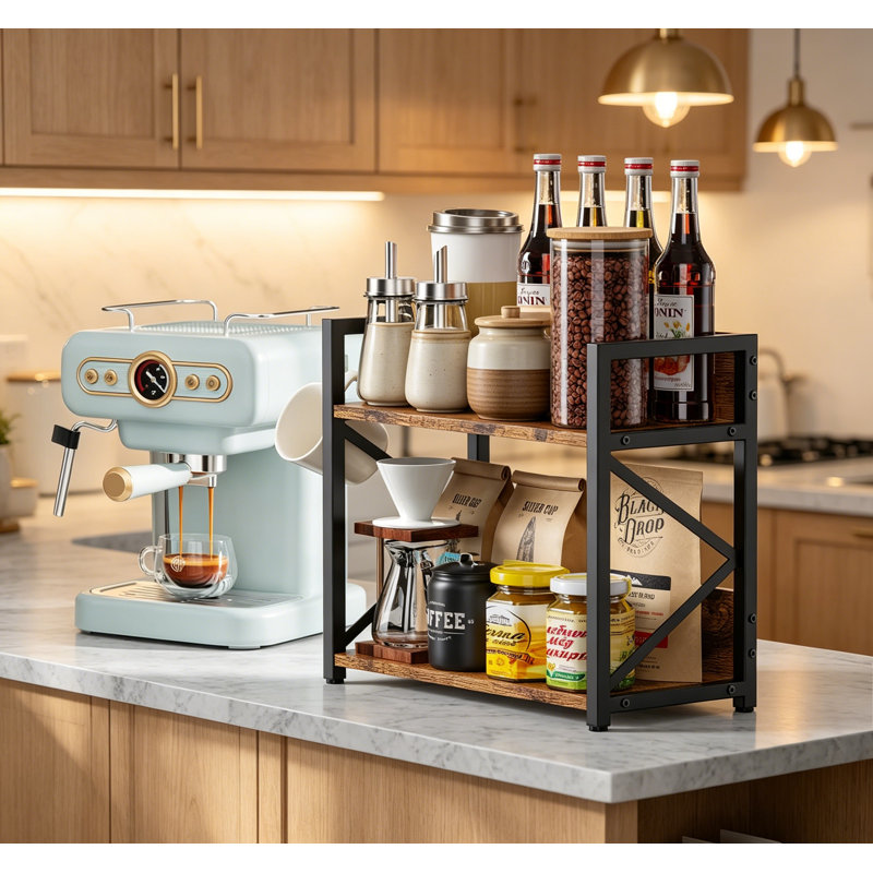 2 Tier Counter Shelf, Space Saving Spice Rack & Coffee Bar Riser, Brown