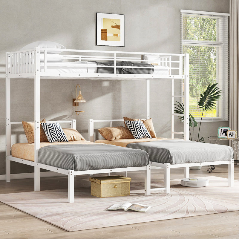 Twin Over Twin & Twin Bunk Beds For 3, Twin XL Over Twin & Twin Bunk Bed Metal Triple Bunk Bed, White, White