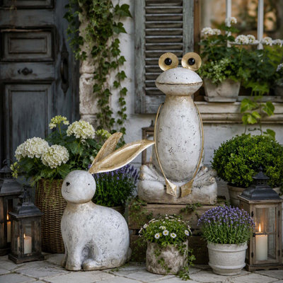 11.4x8.3x24.8" Abstract White Magnesium Frog Figurine with Gold Arms and Eyes