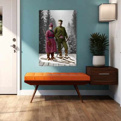 «Vintage Ski Couple», reproduction d'art rétro classique sur une montagne