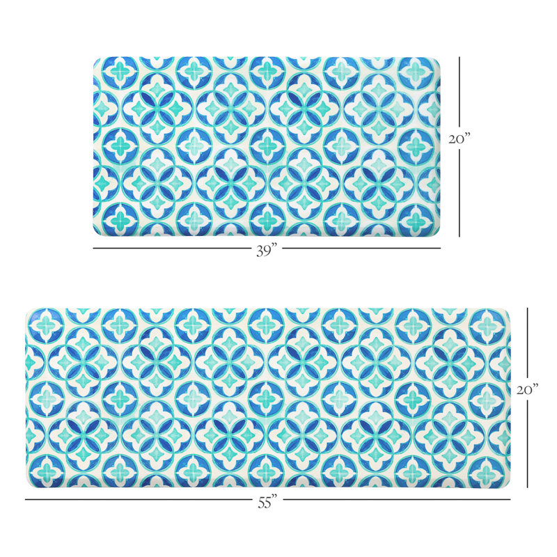 FIESTA Mali Tiles Geo Trellis Anti-Fatigue Comfort Non-Slip Kitchen Runner Mat, Blue/Aqua/White
