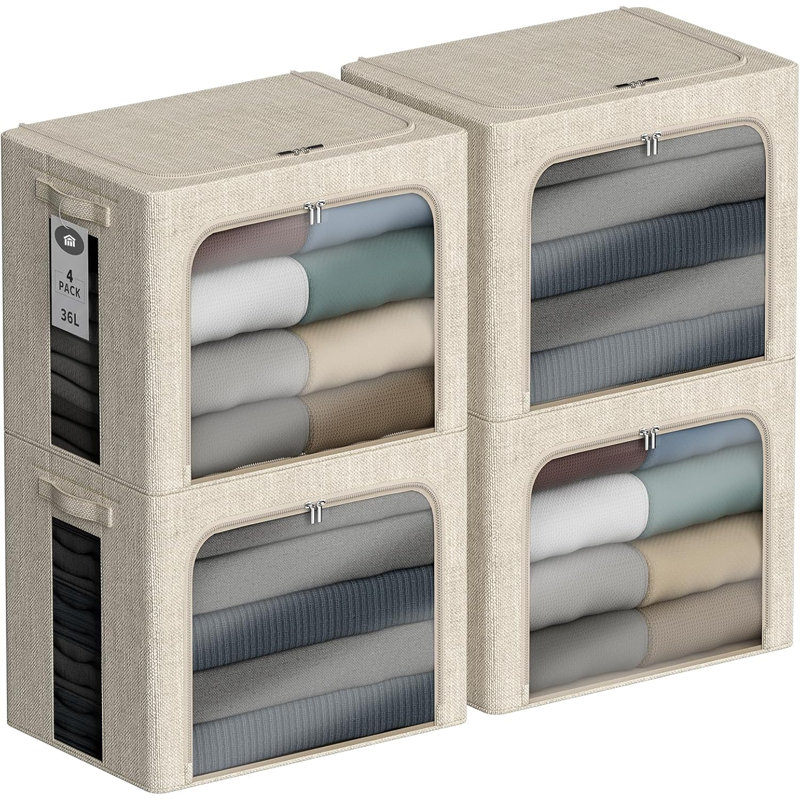 4 Pack Stackable Clothes Storage Bins With Metal Frame And Lids - Foldable Fabric Storage Containers With Clear Windows, Zippers & Handles For Home Organization